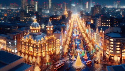 Christmas miniature with Tilt-Shift Photo effect. Christmas and New Year concept. Tilt-Shift effect of Christmas City night with many beautiful Christmas decorations and Christmas lights.