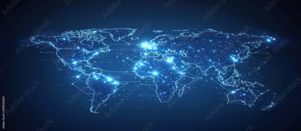 Poster global network connection map with glowing nodes.