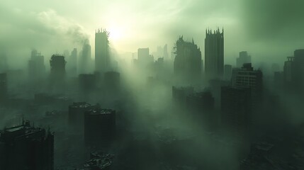 A city skyline submerged in dense, toxic smog, the outlines of buildings barely discernible, with weak sunlight casting a pale, yellowish light over the urban sprawl, photorealistic rendering,