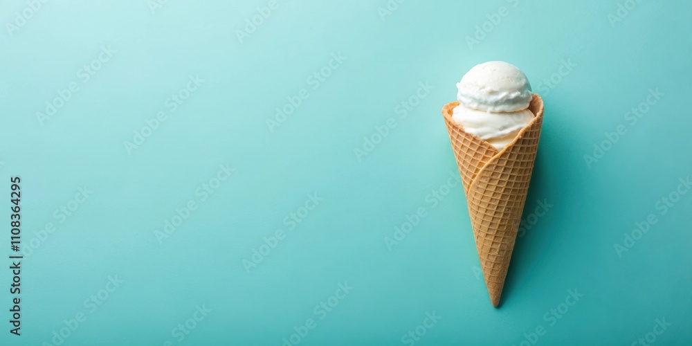 Aufkleber a single scoop of vanilla ice cream in a crisp waffle cone against a cool mint background