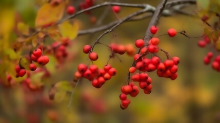 Obraz premium Red berries adorn autumn branches with yellow leaves