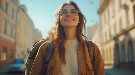 Fototapeta premium Cheerful young woman exploring the city street during a weekend trip, enjoying an adventurous sightseeing experience