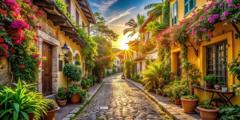 Fototapeta premium A picturesque cobblestone street lined with charming yellow houses, adorned with vibrant flowers, bathed in the golden glow of a setting sun.