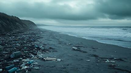 A desolate beach with trash scattered across the sand, plastic bottles, and discarded packaging dominating the scene, with faint waves in the distance under an overcast sky, photorealistic rendering,