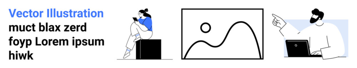 Two people engaging with technology and abstract art, one using a laptop, the other a smartphone. Ideal for tech discussions, team collaboration, modern workspace, digital communication, remote work