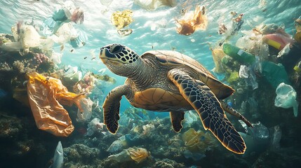 Fototapeta premium A desperate turtle tangled in plastic bags, struggling to move in a polluted ocean filled with vibrant yet harmful debris, the water cloudy and the sunlight weakly illuminating the scene,