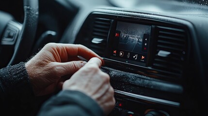 Fototapeta premium Hands Adjust Car Infotainment System Display