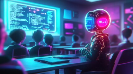 Fototapeta premium Futuristic Classroom with Robot Student Engaged in Learning