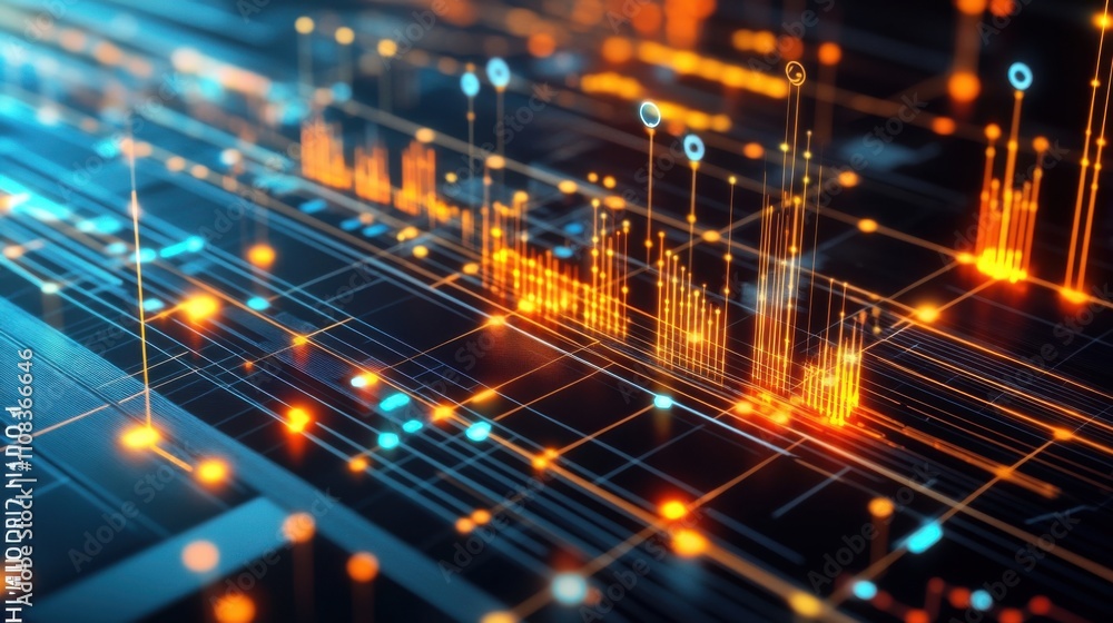Poster abstract digital data visualization with glowing lines and circles
