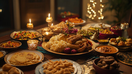 Fototapeta premium Festive dinner table filled with diverse dishes during a celebration in a cozy setting