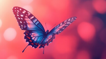 Vibrant Blue Butterfly in Flight Against a Soft Pink and Red Bokeh Background