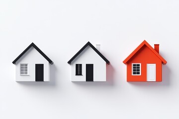 Minimalist model homes display with red and white designs on a plain background