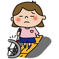 歩行の邪魔をする自転車があって通れない白杖を持った子供（女の子）