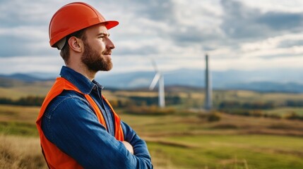 Fototapeta premium Thoughtful Worker in Safety Gear Overlooking Wind Turbines in Scenic Landscape During Daytime, Emphasizing Renewable Energy and Natural Beauty