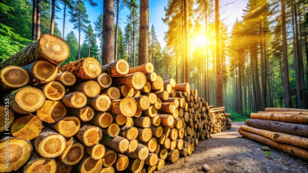 Poster a stack of cut logs in a sun-drenched forest, a testimony to the life cycle of trees
