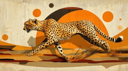 Obraz premium Vibrant Abstract Illustration of a Cheetah in Motion with Geometric Shapes and Earthy Tones