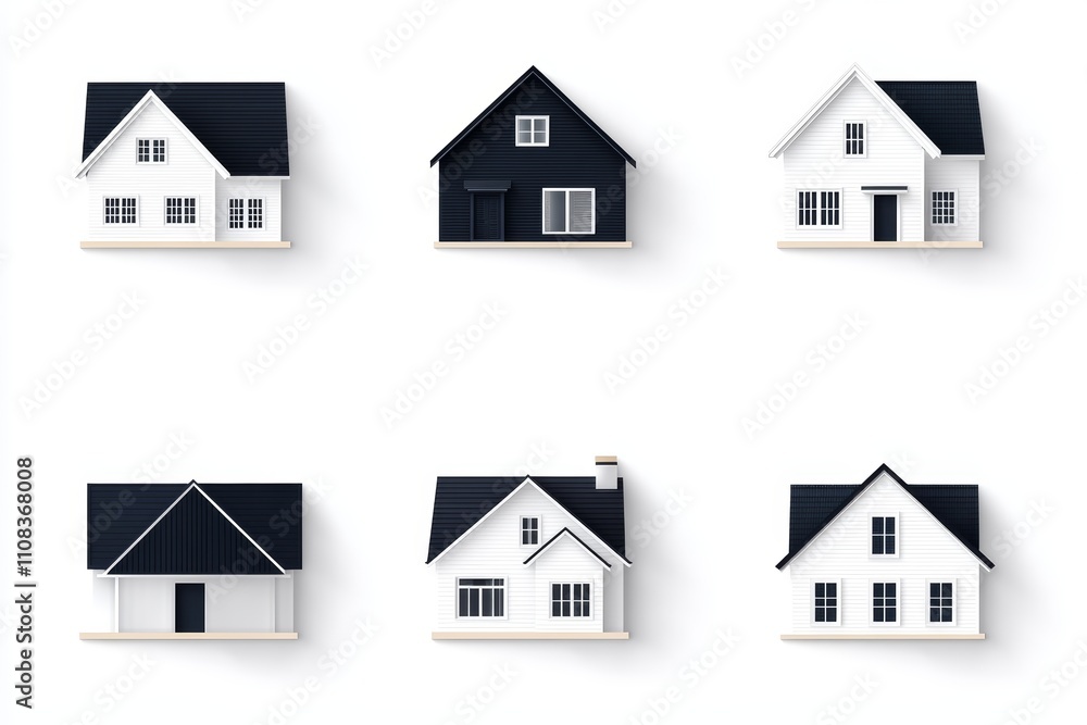 Poster minimalist black and white house models displayed in rows on clean background