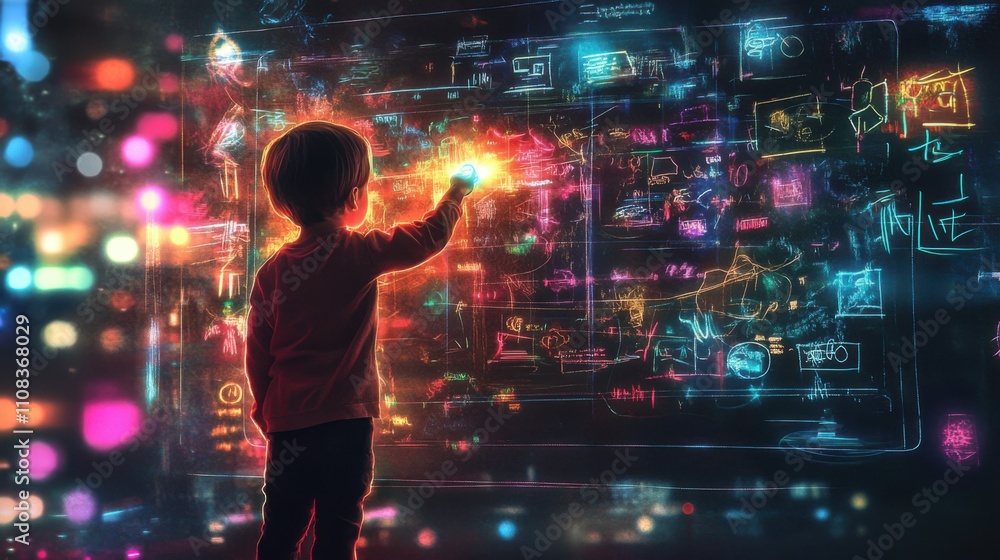 Poster child interacting with colorful digital interface and ideas
