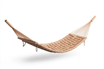 Obraz premium Brown woven hammock with wooden supports on white background