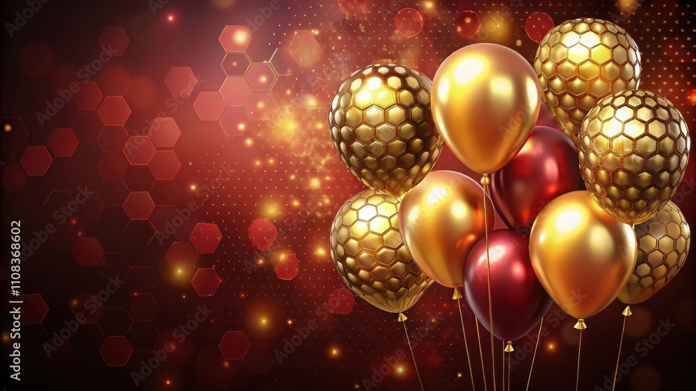 Poster Golden and maroon balloons with a honeycomb pattern against a dark red background with hexagonal bokeh lights