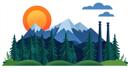 vibrant landscape featuring mountains, trees, and sunset