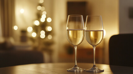 Celebrating with sparkling wine in a cozy, beautifully decorated living room