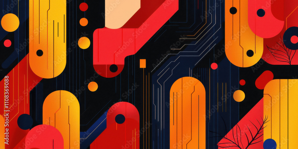 Aufkleber vibrant abstract design featuring geometric shapes and circuit patterns
