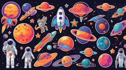 Pattern with spaceships and planets
