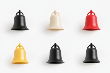 Multicolored bells on white background: six black, white, red, yellow bells