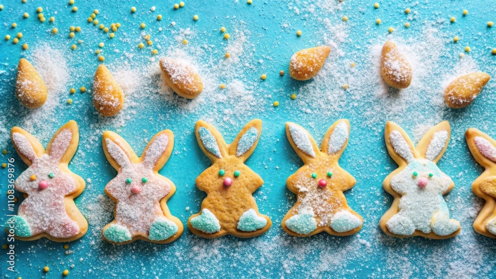 Poster a row of colorful easter bunny cookies decorated with sprinkles and powdered sugar on a blue backgro