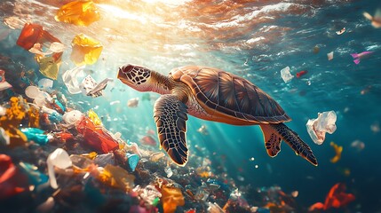 Fototapeta premium A sea turtle navigating through a polluted marine environment, with colorful plastic waste and bags drifting in the current, the sunlight creating a contrast between beauty and destruction,