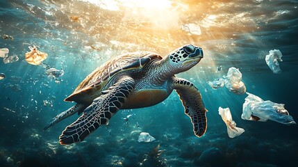 Obraz premium A sea turtle struggling to swim through a polluted ocean, surrounded by floating plastic bags and discarded debris, sunlight filtering weakly through the murky water, photorealistic details,
