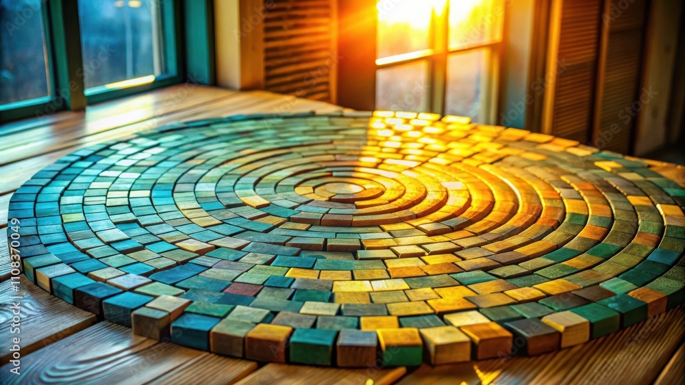 Poster Wooden blocks form a circular pattern on a wooden surface, bathed in the warm glow of sunlight streaming through a window
