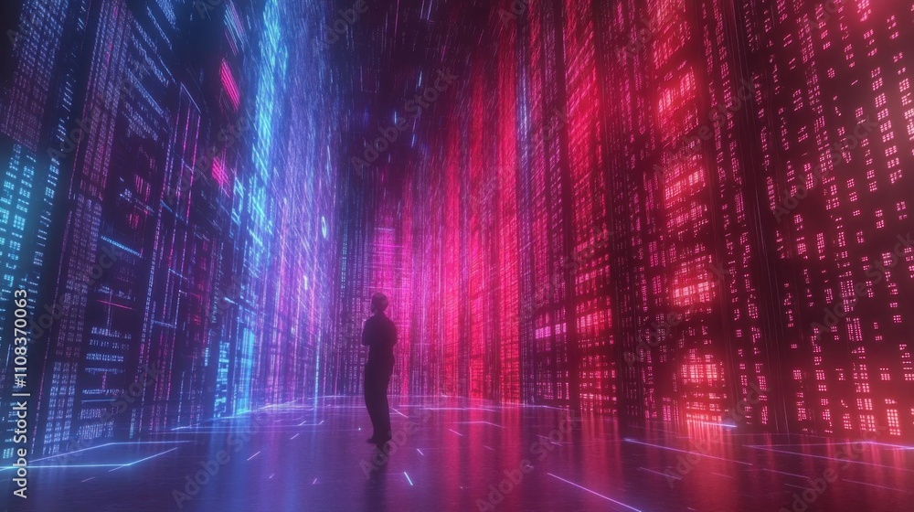 Poster digital data stream with abstract light effects and human silhouette