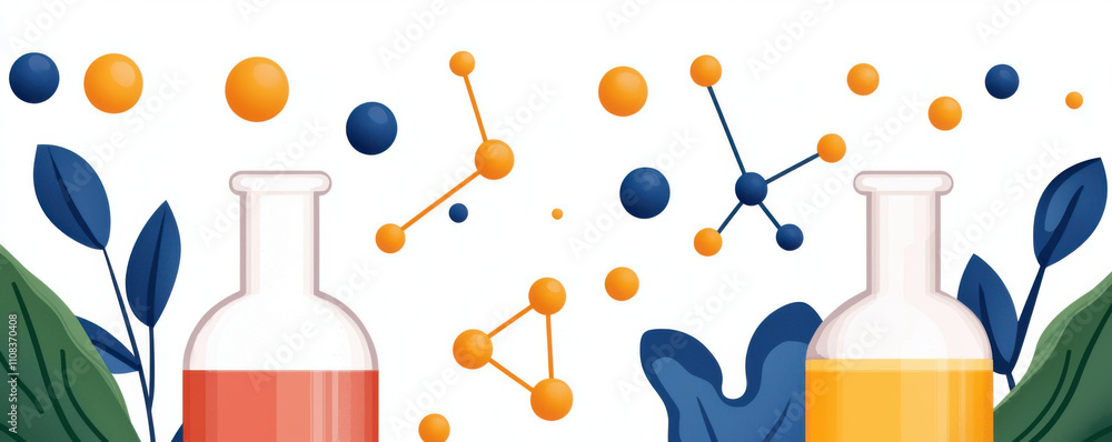 Poster chemical flasks with colorful liquids and molecular structures in background