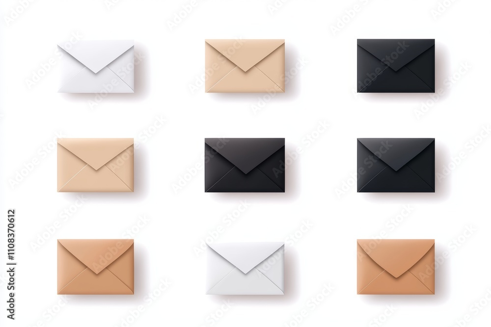 Poster minimalist assorted envelopes displayed in grid arrangement on white background