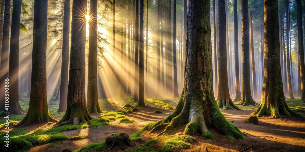 Poster golden rays of sunlight pierce through the dense canopy of a misty forest, illuminating the moss-cov