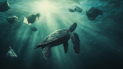 Obraz premium A turtle swimming upward towards the ocean surface covered with floating plastic bags and trash, its silhouette illuminated by faint sunlight breaking through the polluted waters,