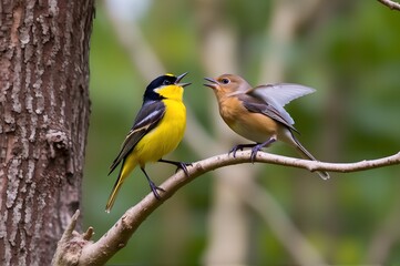 Fototapeta premium Two birds, a vibrant yellow and a warm brown, engage in a moment of interaction on a slender branch, a symbol of harmony and companionship in nature