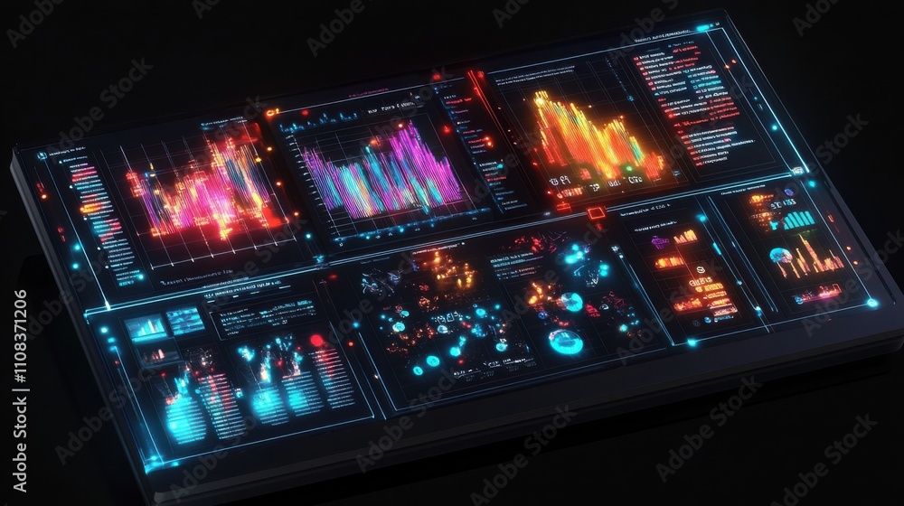 Poster futuristic data visualization with colorful digital graphs and charts