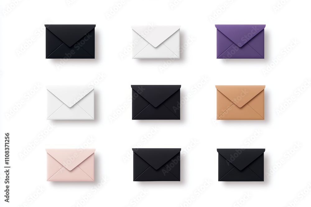 Poster colorful envelopes displayed in grid pattern on white background