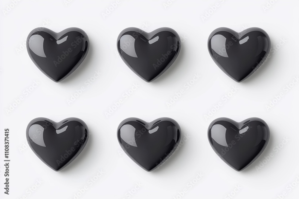 Poster glossy black heart-shaped objects pattern on light background