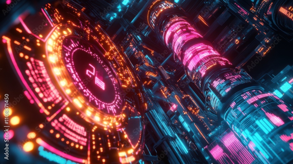 Aufkleber futuristic digital interface with neon lights and abstract patterns