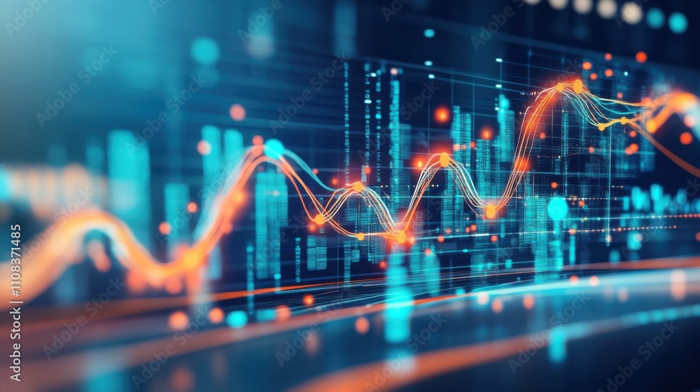 Poster abstract digital data visualization with glowing graphs and lines
