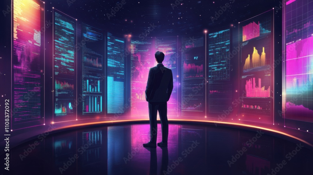 Poster business professional analyzing data visualizations in futuristic space