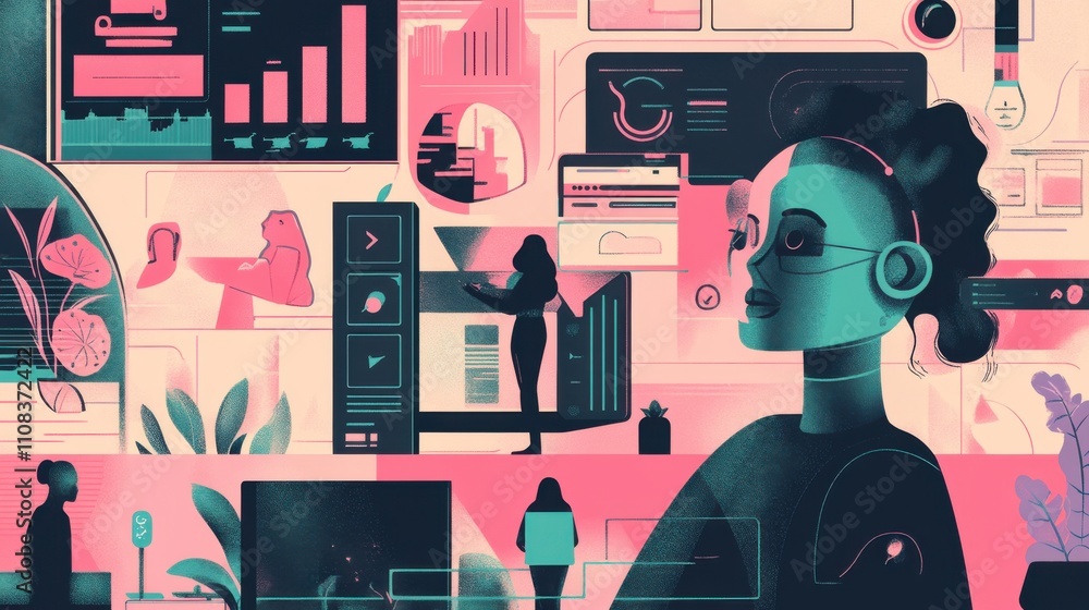 Poster abstract digital workspace with tech elements and business illustrations