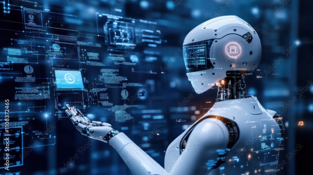 Poster futuristic robot interacting with digital interface and data streams