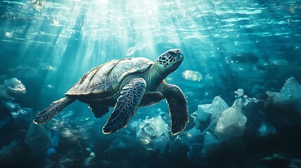 Fototapeta premium An underwater scene of a turtle entangled in plastic bags, the water filled with floating waste, the turtle's shell reflecting faint light rays from the surface, photorealistic textures,