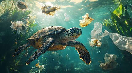 An underwater scene of a turtle surrounded by swirling plastic bags, the fragile marine ecosystem disrupted by human waste, the sunlight diffused through the polluted water, photorealistic rendering,