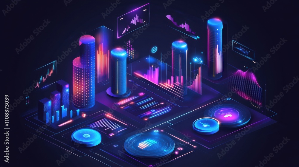 Poster futuristic digital data visualization with neon graphs and charts
